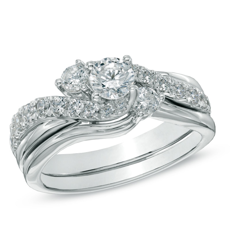 Main Image 1 of 1.00 CT. T.W. Diamond Three Stone Slant Bridal Set in 14K White Gold