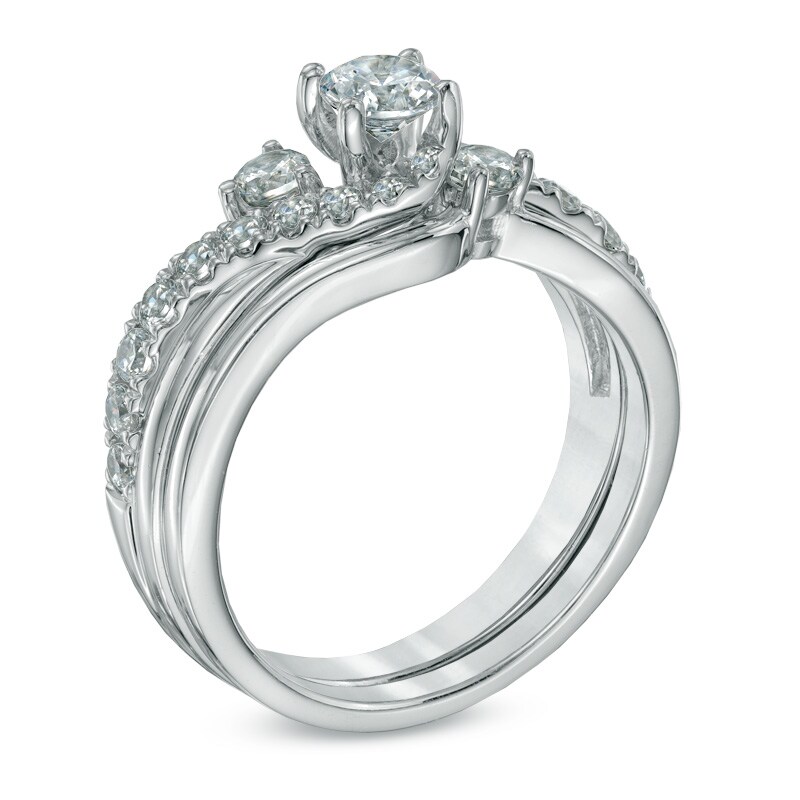 1.00 CT. T.W. Diamond Three Stone Slant Bridal Set in 14K White Gold