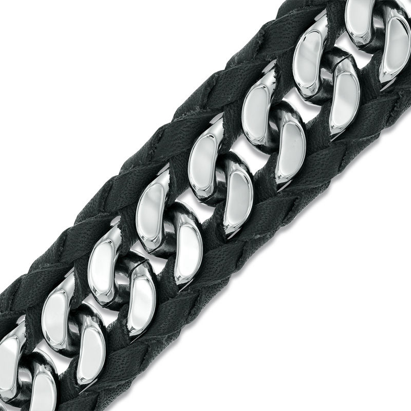 Bracelet in Black Leather and Grey Stainless Steel - 8.5"