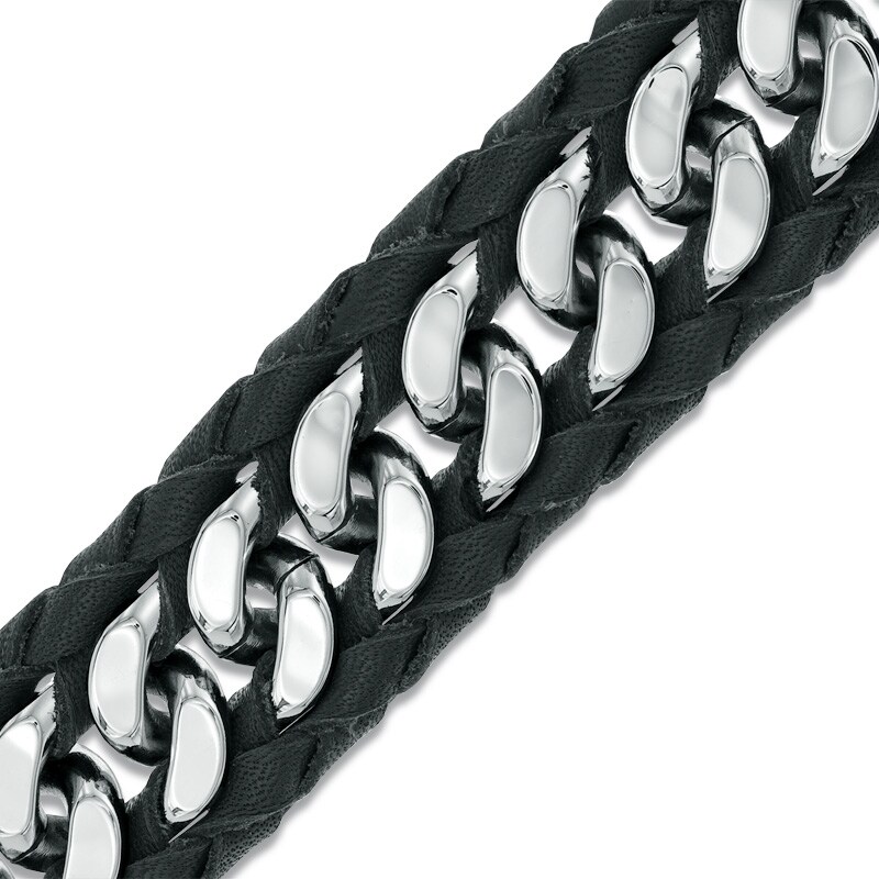 Main Image 1 of Bracelet in Black Leather and Grey Stainless Steel - 8.5"