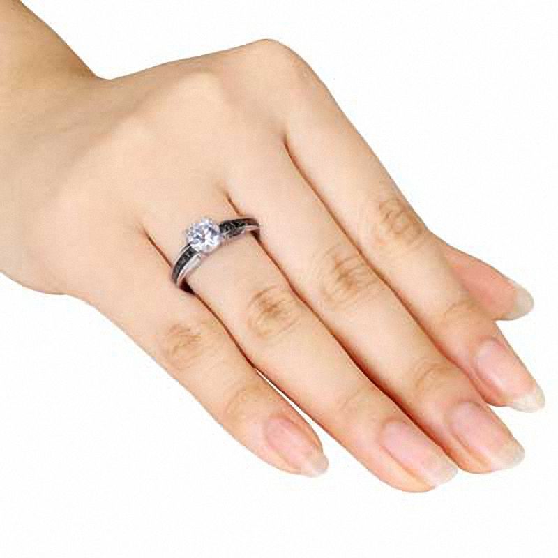 6.5mm Lab-Created White Sapphire and 0.14 CT. T.W. Black Diamond Ring in Sterling Silver