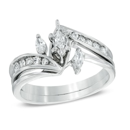 0.50 CT. T.W. Marquise Diamond Three Stone Slant Bridal Set in 10K White Gold