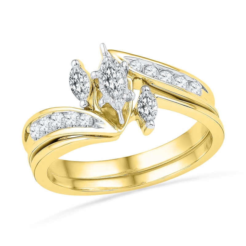 0.50 CT. T.W. Marquise Diamond Three Stone Slant Bridal Set in 10K Gold