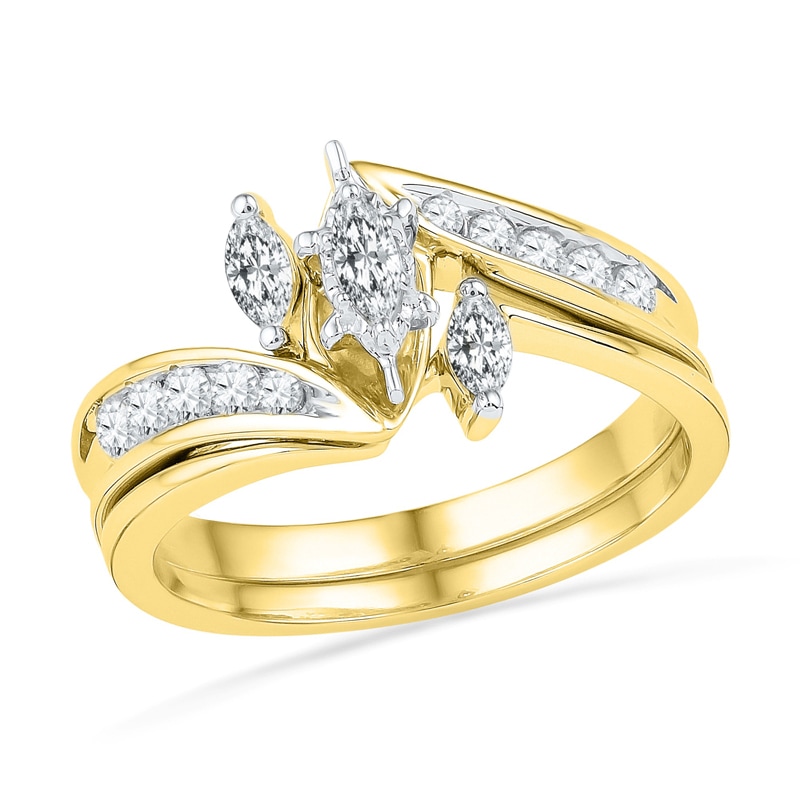 Main Image 1 of 0.50 CT. T.W. Marquise Diamond Three Stone Slant Bridal Set in 10K Gold