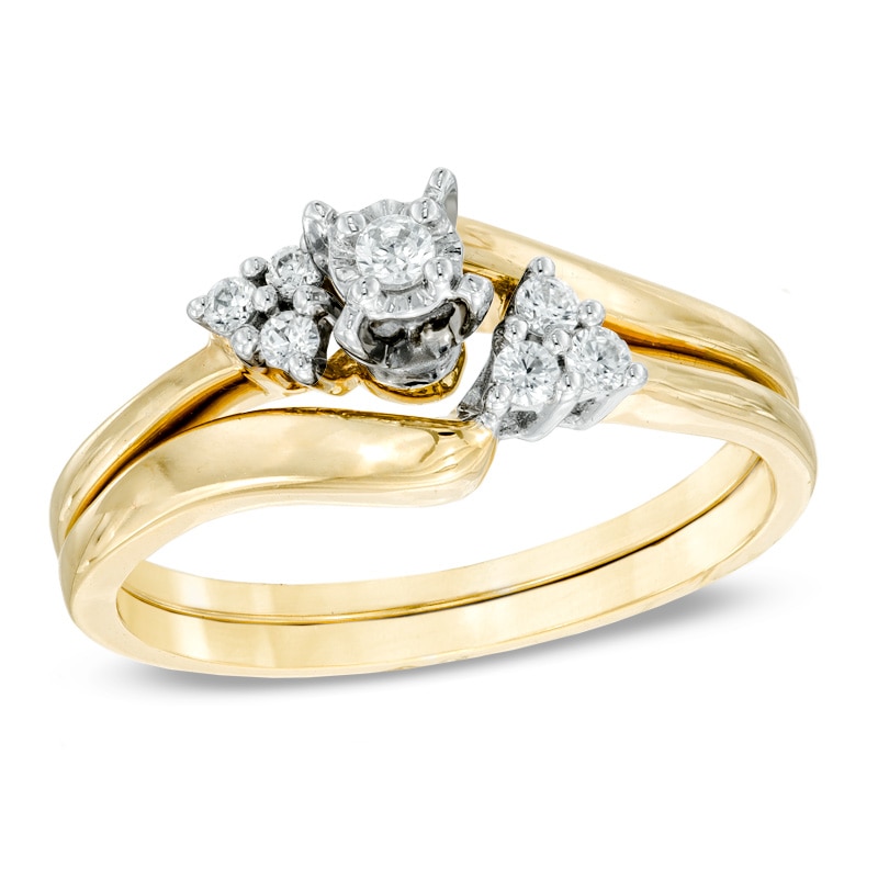 0.16 CT. T.W. Diamond Three Stone Slant Bridal Set in 10K Gold