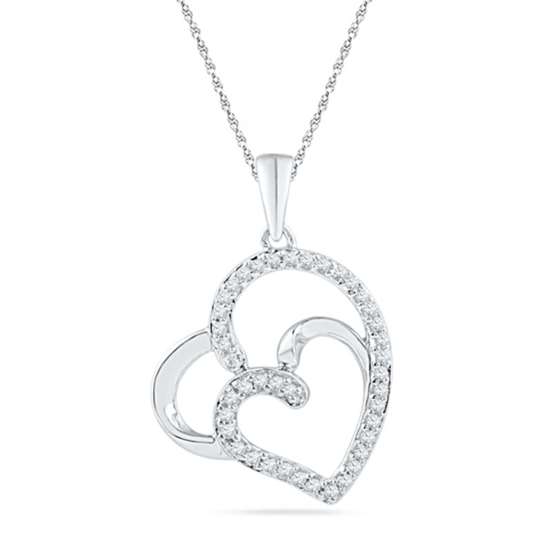 0.16 CT. T.W. Diamond Tilted Double Heart Pendant in Sterling Silver