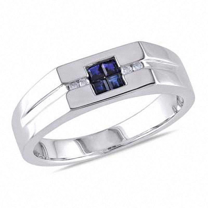 Men's Square-Cut Blue Sapphire and Diamond Accent Ring in Sterling Silver