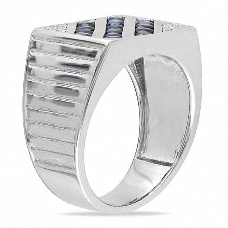 Main Image 2 of Men's Blue and White Sapphire Slant Ring in Sterling Silver