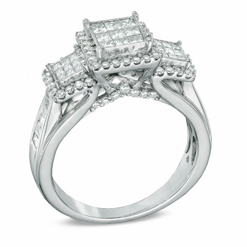 Main Image 2 of 1.00 CT. T.W. Princess-Cut Composite Diamond Three Stone Frame Ring in 10K White Gold