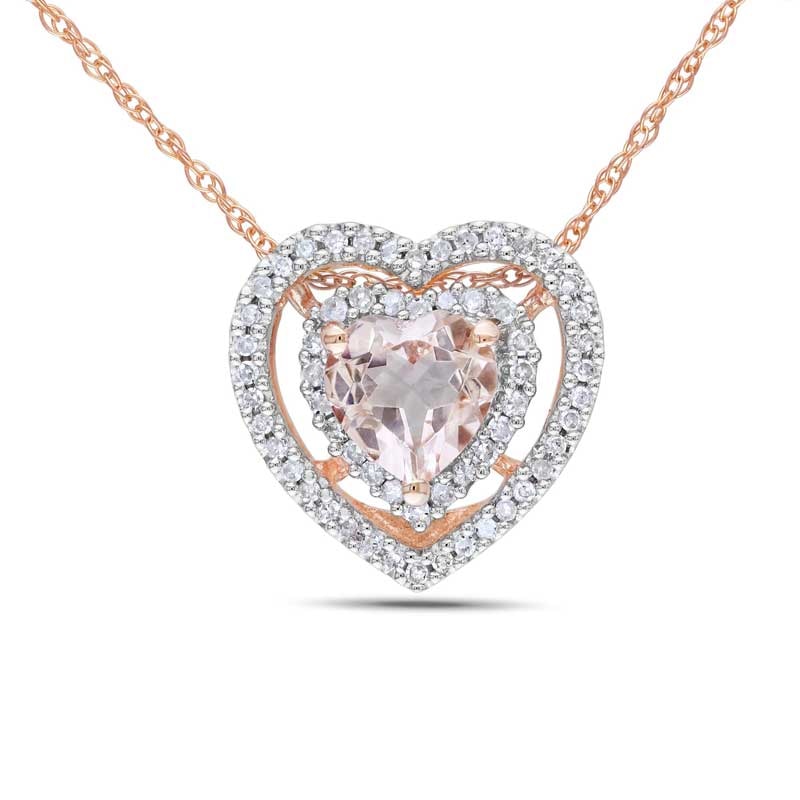 Main Image 1 of 6.0mm Heart-Shaped Morganite and 0.20 CT. T.W. Diamond Frame Heart Pendant in 10K Rose Gold