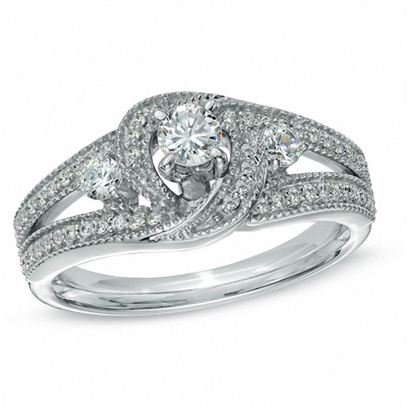 0.50 CT. T.W. Diamond Vintage-Style Three Stone Ring in 10K White Gold