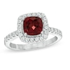 Thumbnail Image 0 of 7.0mm Cushion-Cut Garnet and Lab-Created White Sapphire Frame Ring in Sterling Silver