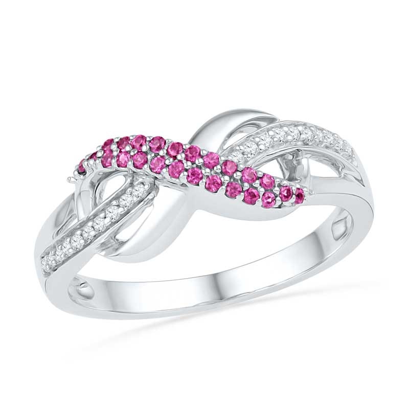 Main Image 1 of Lab-Created Pink Sapphire and Diamond Accent Infinity Loop Ring in Sterling Silver