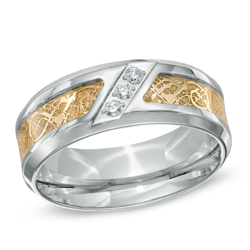 Main Image 1 of Men's 0.09 CT. T.W. Diamond Two-Tone Stainless Steel Tribal Wedding Band - Size 10