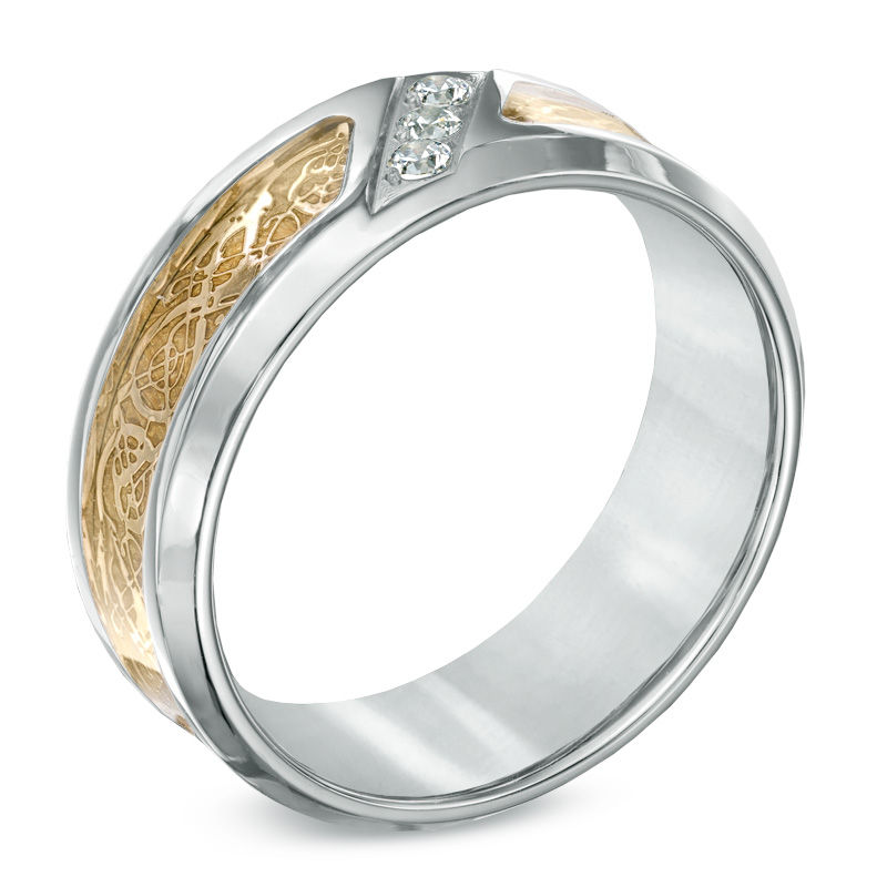 Main Image 2 of Men's 0.09 CT. T.W. Diamond Two-Tone Stainless Steel Tribal Wedding Band - Size 10