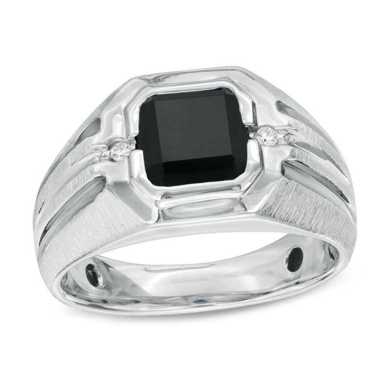 8.0mm Octagonal Onyx and Diamond Accent Comfort Fit Ring in Sterling Silver