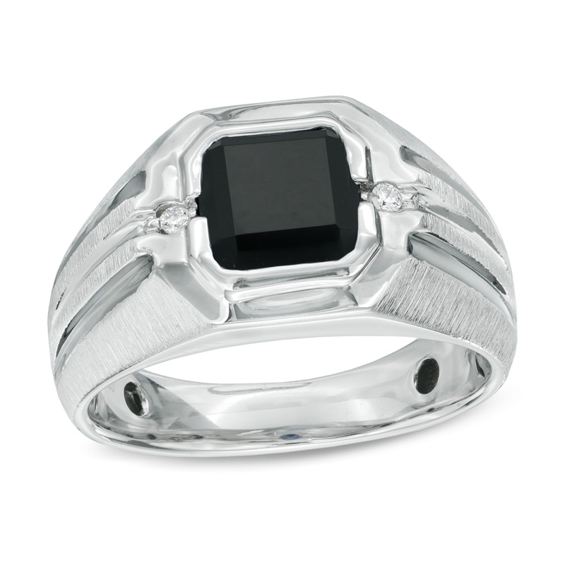 Men's 8.0mm Octagonal Onyx and Diamond Accent Comfort Fit Ring in Sterling Silver