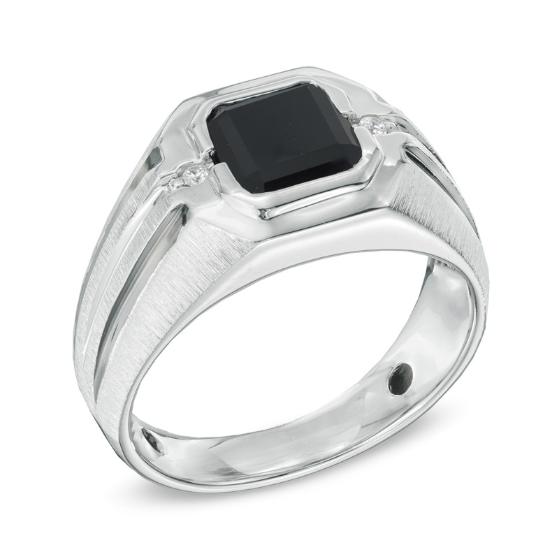Men's 8.0mm Octagonal Onyx and Diamond Accent Comfort Fit Ring in Sterling Silver