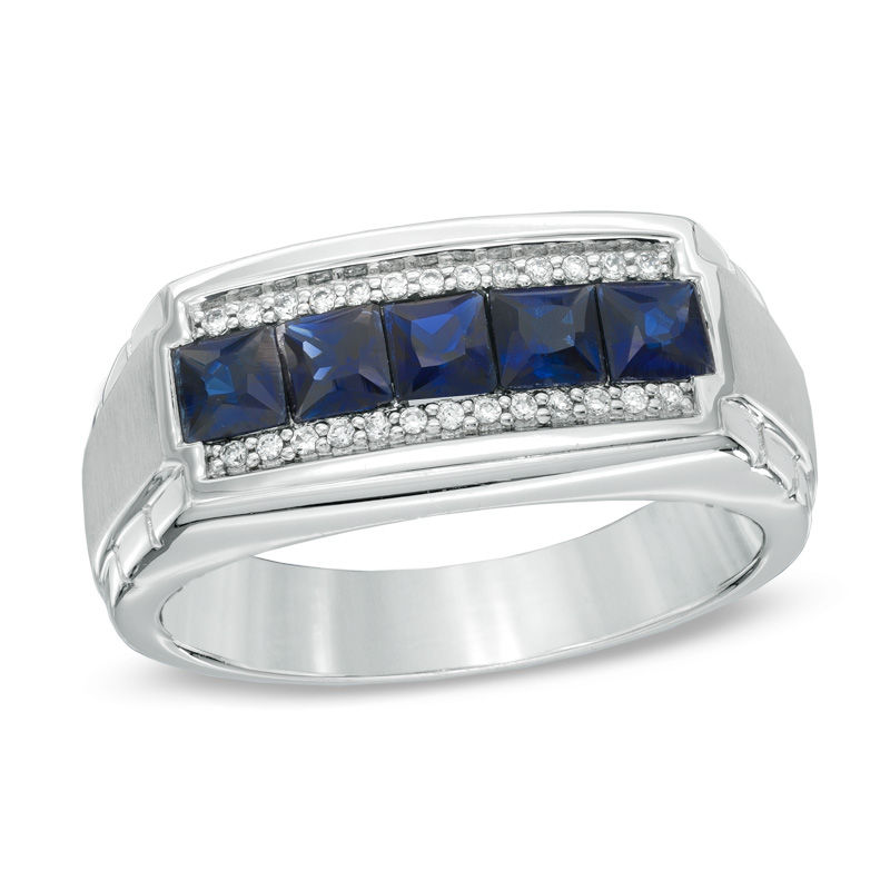 Square-Cut Blue Sapphire and 0.12 CT. T.W. Diamond Ring in 10K White Gold