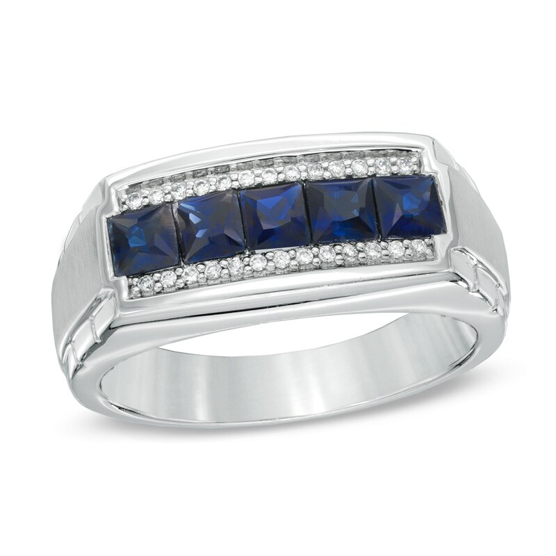Main Image 1 of Square-Cut Blue Sapphire and 0.12 CT. T.W. Diamond Ring in 10K White Gold