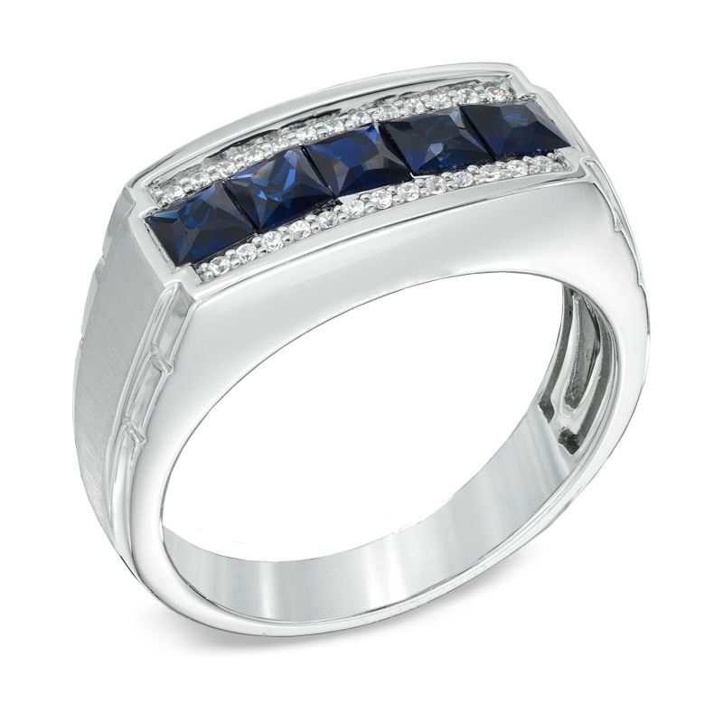 Men's Square-Cut Blue Sapphire and 0.12 CT. T.W. Diamond Ring in 10K White Gold