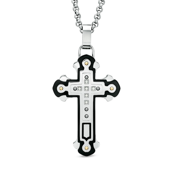 Men's Diamond Accent Cross Pendant in Two-Tone Stainless Steel - 24"