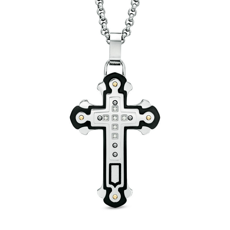 Men's Diamond Accent Cross Pendant in Two-Tone Stainless Steel - 24"