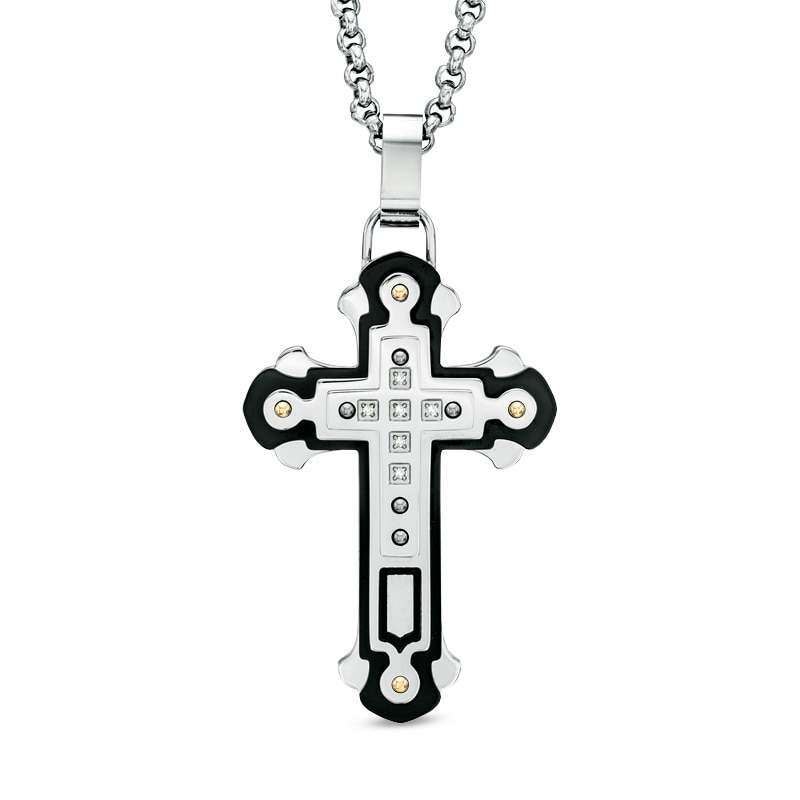 Men's Diamond Accent Cross Pendant in Two-Tone Stainless Steel - 24"