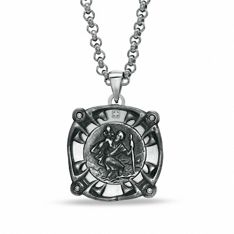 Main Image 1 of Black & Blue Jewelry Co. Men's Diamond Accent Saint Christopher Medal Pendant in Stainless Steel - 24"