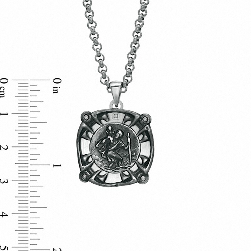 Main Image 2 of Black & Blue Jewelry Co. Men's Diamond Accent Saint Christopher Medal Pendant in Stainless Steel - 24"