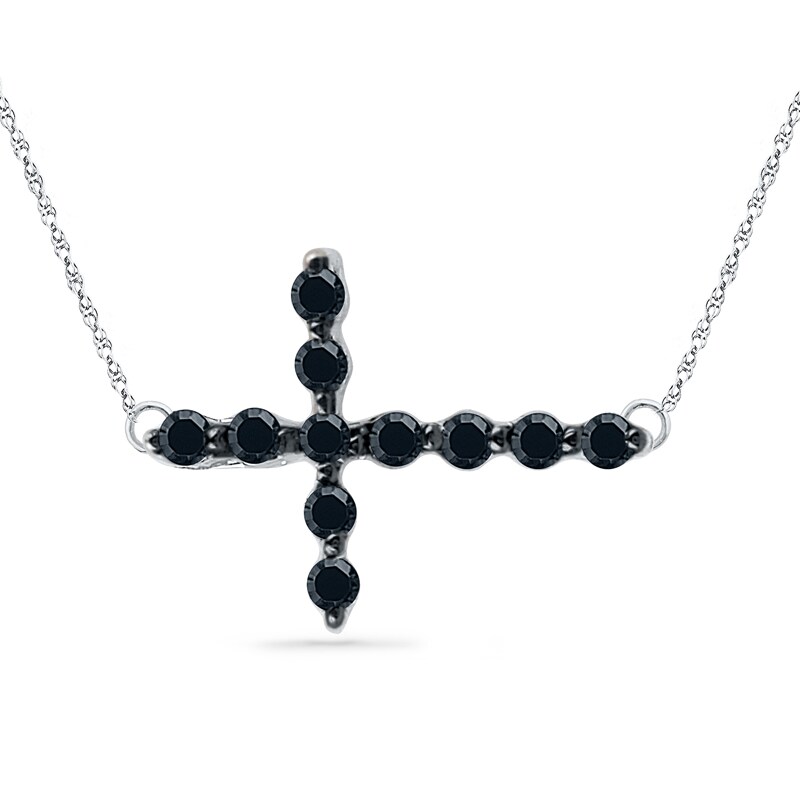 Black Diamond Accent Sideways Cross Necklace in 10K White Gold