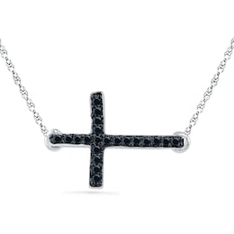 Black Diamond Accent Sideways Cross Necklace in Sterling Silver