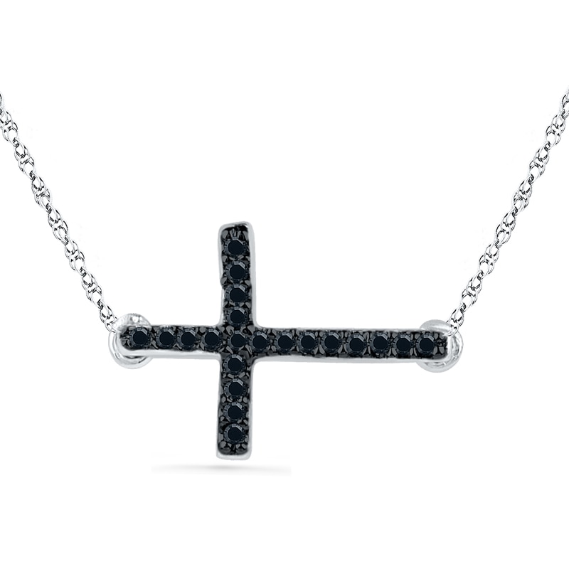 Black Diamond Accent Sideways Cross Necklace in Sterling Silver|Peoples Jewellers