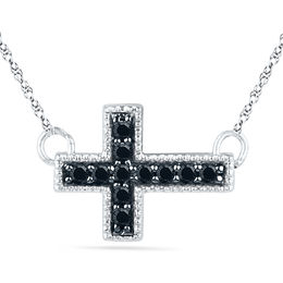 Black Diamond Accent Block Sideways Cross Necklace in Sterling Silver