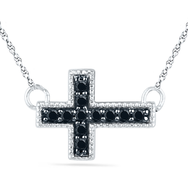 Black Diamond Accent Block Sideways Cross Necklace in Sterling Silver|Peoples Jewellers