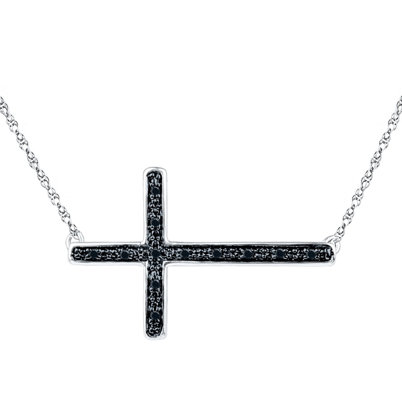 Black Diamond Accent Stick Sideways Cross Necklace in Sterling Silver