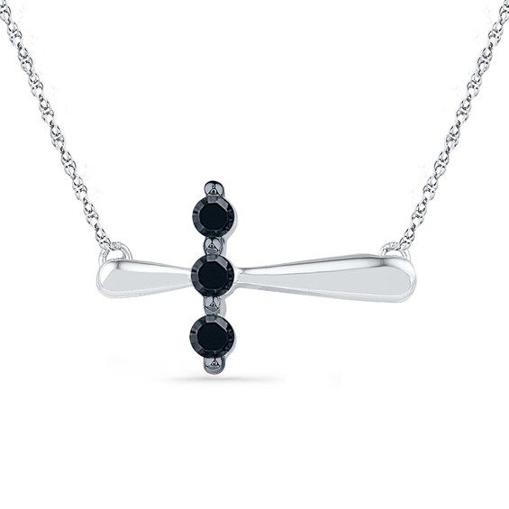 0.16 CT. T.W. Diamond Three Stone Sideways Cross Necklace in Sterling Silver