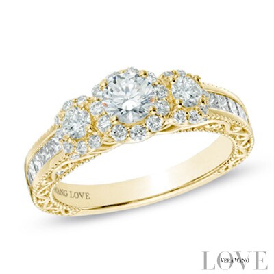 Vera Wang Love Collection 1.29 CT. T.W. Diamond Three Stone Frame Engagement Ring in 14K Gold