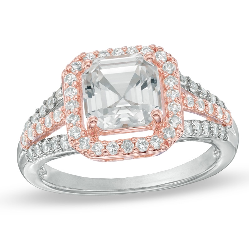 7.0mm Asscher-Cut Lab-Created White Sapphire Frame Ring in Sterling Silver and 14K Rose Gold Plate