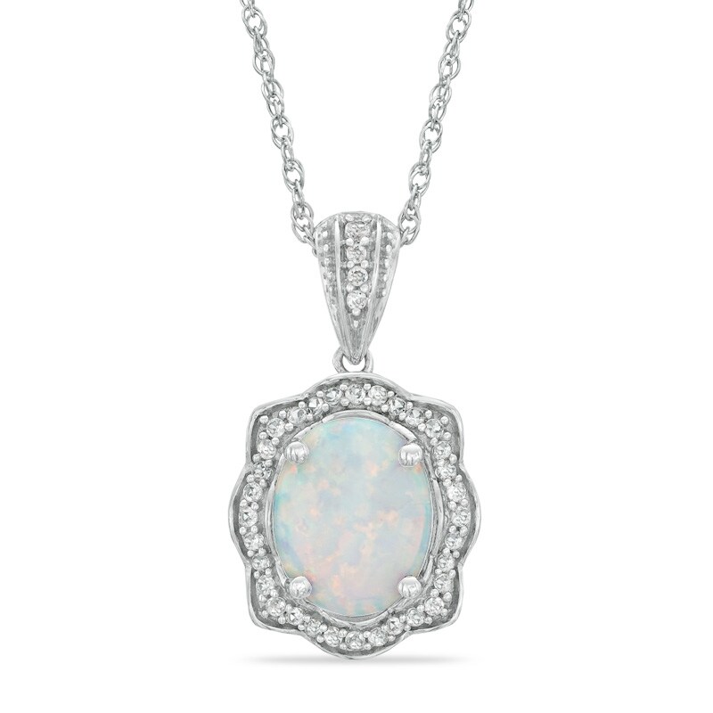 Main Image 1 of Oval Lab-Created Opal and White Sapphire Scallop Frame Pendant in Sterling Silver