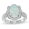 Oval Lab-Created Opal and White Sapphire Scallop Frame Ring in Sterling Silver