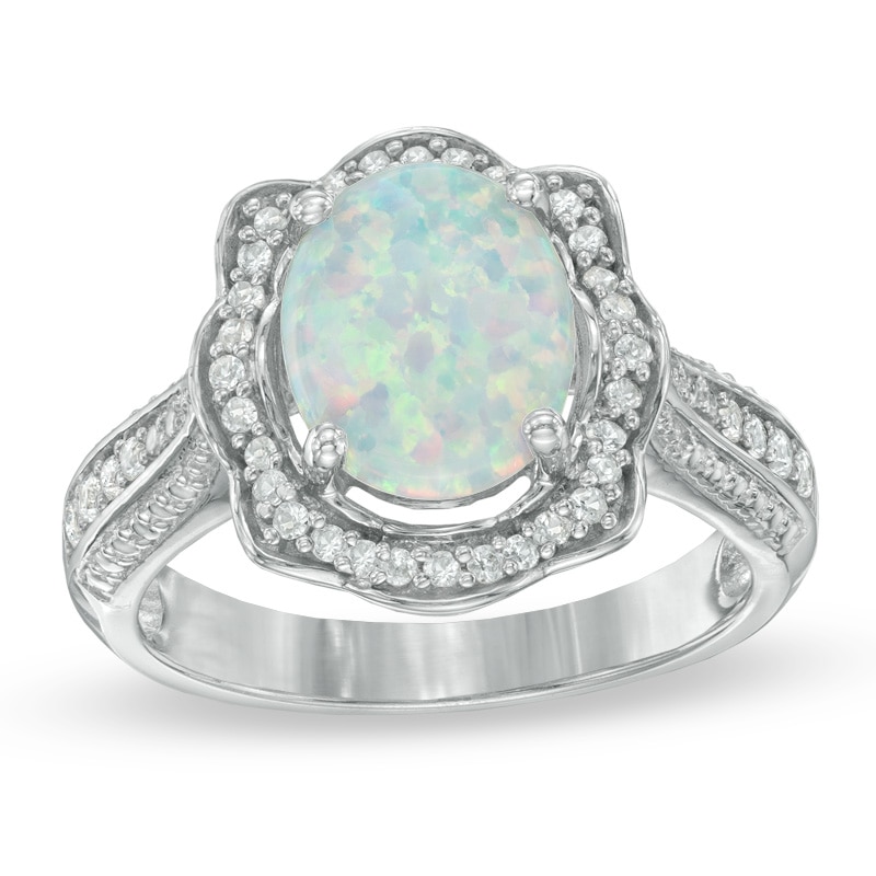 Oval Lab-Created Opal and White Sapphire Scallop Frame Ring in Sterling Silver