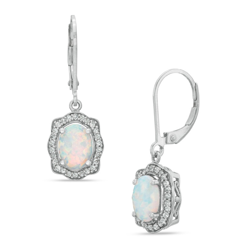 Main Image 1 of Oval Lab-Created Opal and White Sapphire Scallop Frame Drop Earrings in Sterling Silver