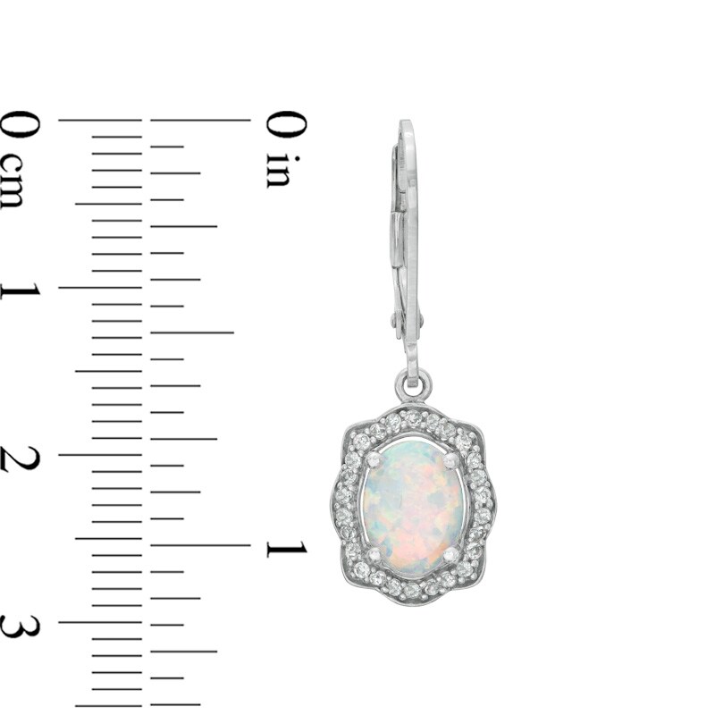 Main Image 2 of Oval Lab-Created Opal and White Sapphire Scallop Frame Drop Earrings in Sterling Silver