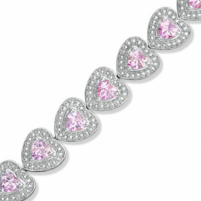 Main Image 1 of Heart-Shaped Lab-Created Pink Sapphire and Diamond Accent Bracelet in Sterling Silver - 7.25"