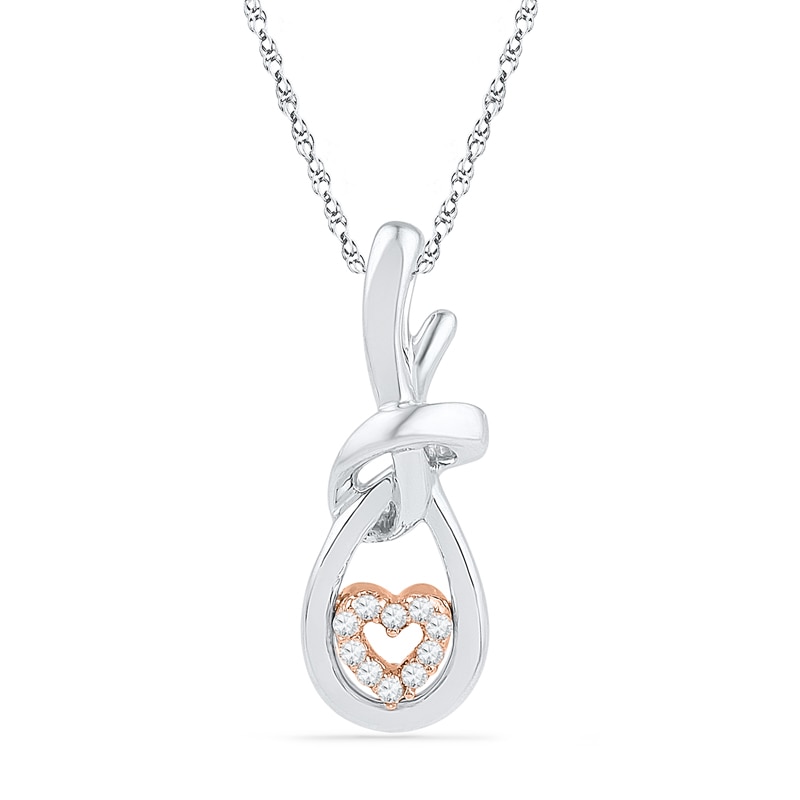 Diamond Accent Heart with Knot Pendant in Sterling Silver and 10K Rose Gold|Peoples Jewellers