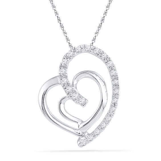 0.10 CT. T.W. Diamond Tilted Double Heart Pendant in 10K White Gold