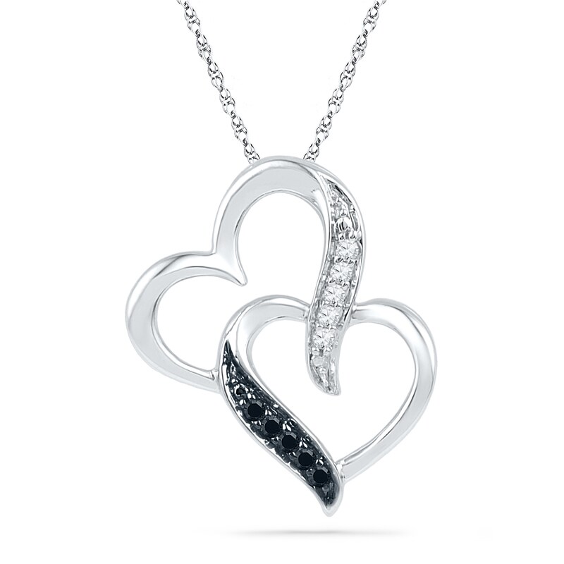 0.05 CT. T.W. Black and White Diamond Interlocking Hearts Pendant in 10K White Gold