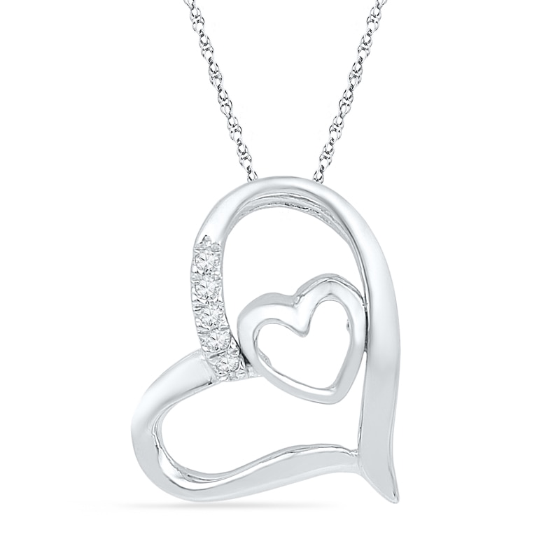 Diamond Accent Tilted Double Heart Pendant in 10K White Gold