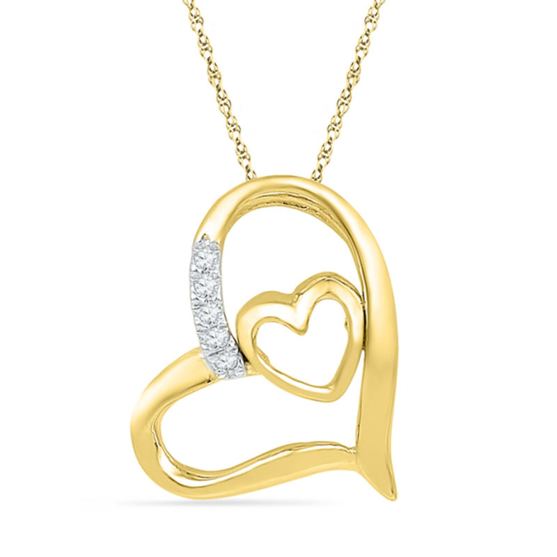 Diamond Accent Tilted Double Heart Pendant in 10K Gold